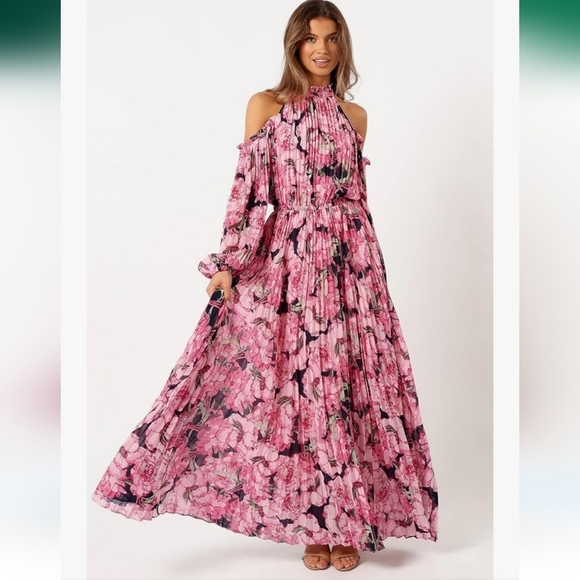 Petal & Pup Dresses & Skirts - Petal & Pup Floral Pink Maxi Dress Pleated Cold Shoulder Balloon Sleeve NWT XL